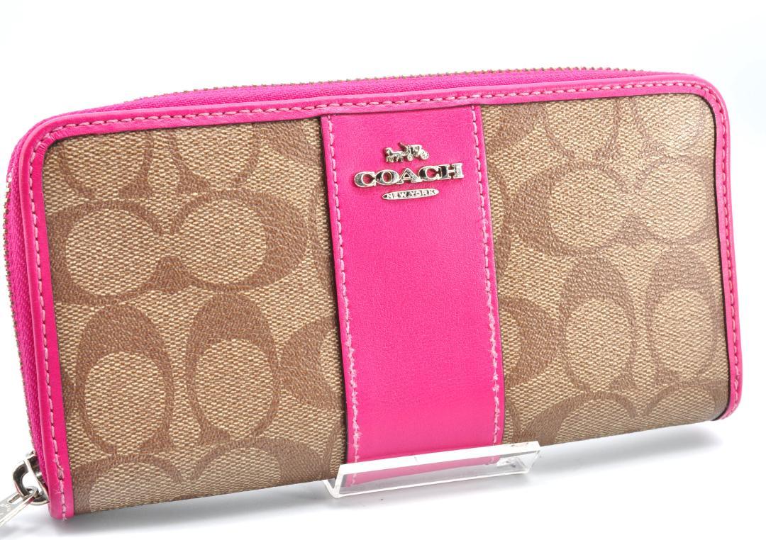 美品 COACH コーチ シグネチャー 長財布 ブラウン ピンク ラウンドジップ