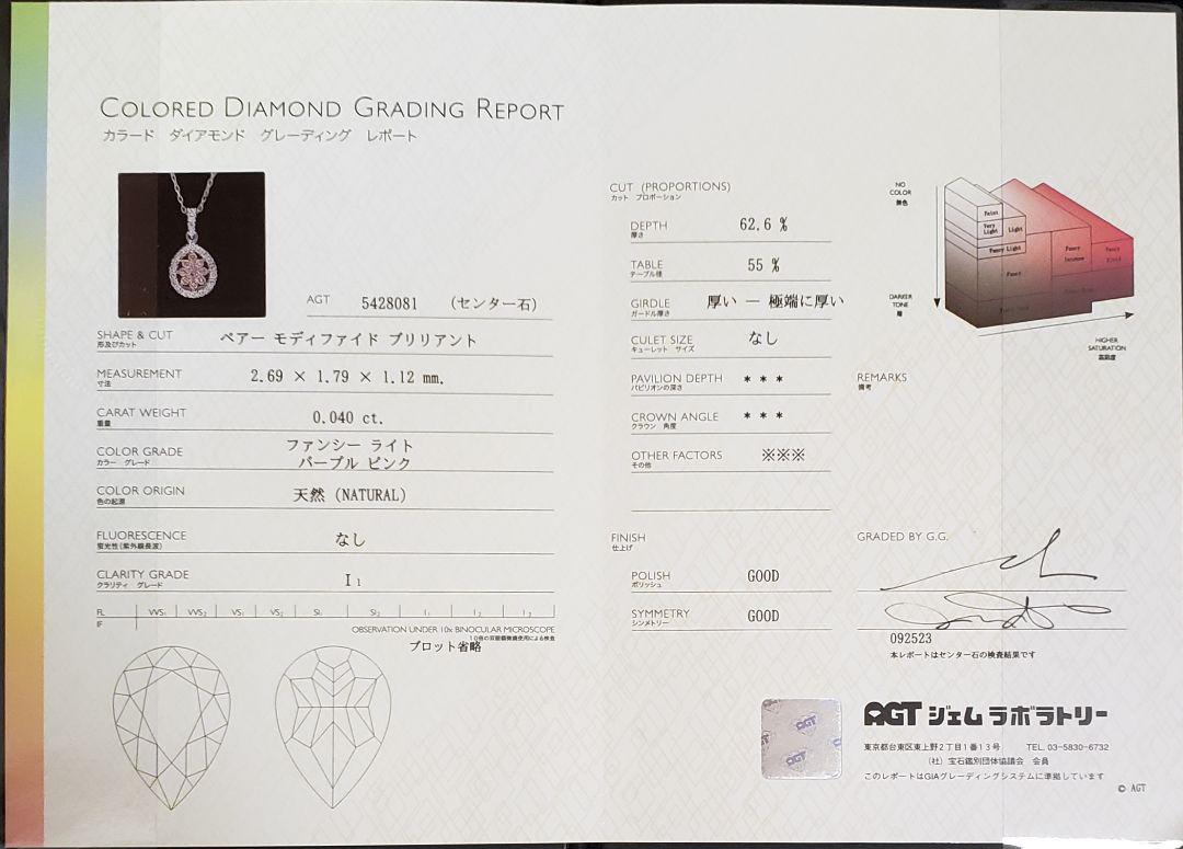 最安値 新品 PT天然ピンクダイヤペンダント ピンクメレ取巻き ソーティング付