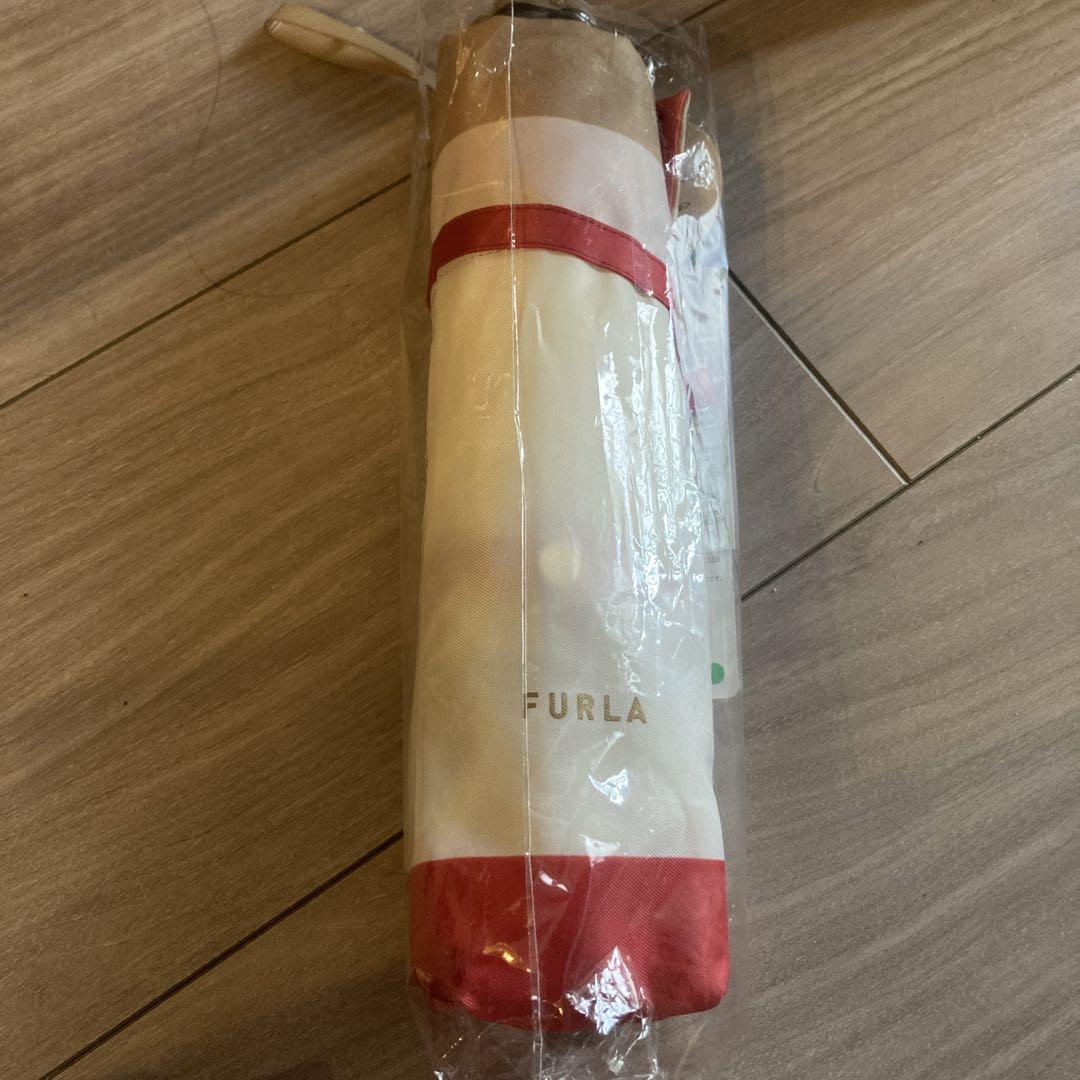 FURLA 【日本製】折りたたみ傘 レッド　ボーダー　晴雨兼用
