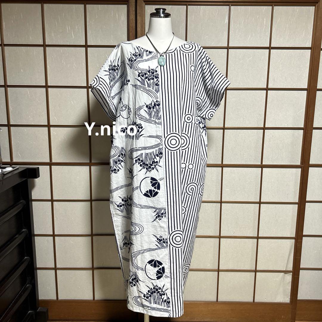 LL 浴衣リメイク 新品反物二種 白地紺 シンプルゆったりワンピース