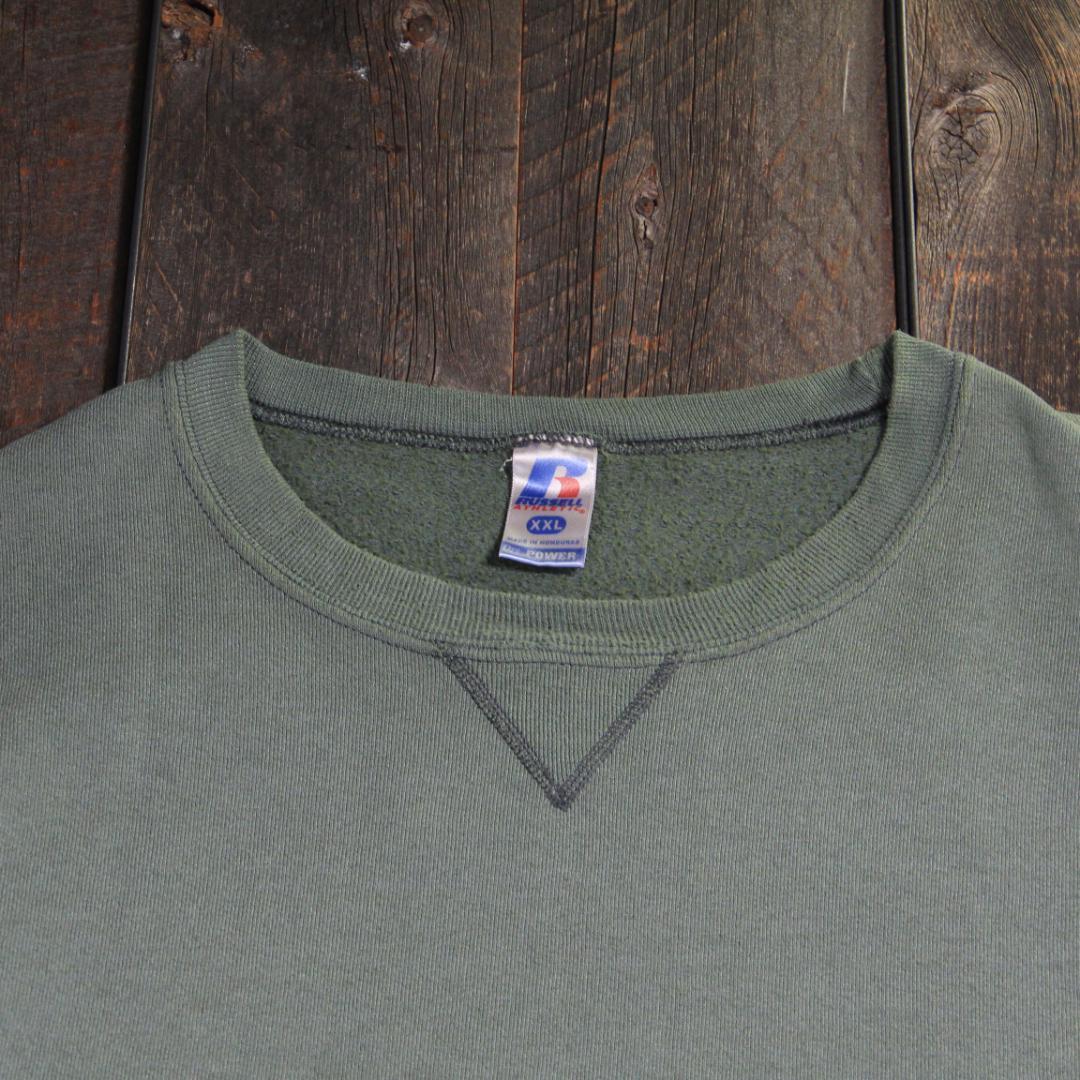 古着　ラッセル　前Vガゼット　フェードスウェット　カーキグリーン　２XL 無地
