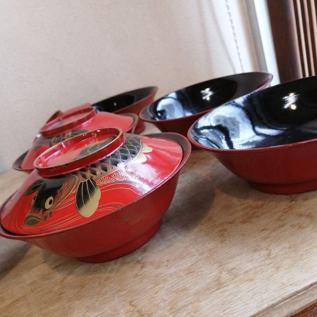 骨董 お椀 蒔絵 鯉 蓋付 漆器 木製 アンティーク 5つ