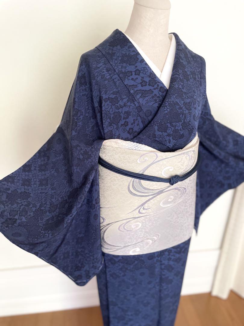 しつけ付き唐草× ドット×縦縞 お召し小紋正絹