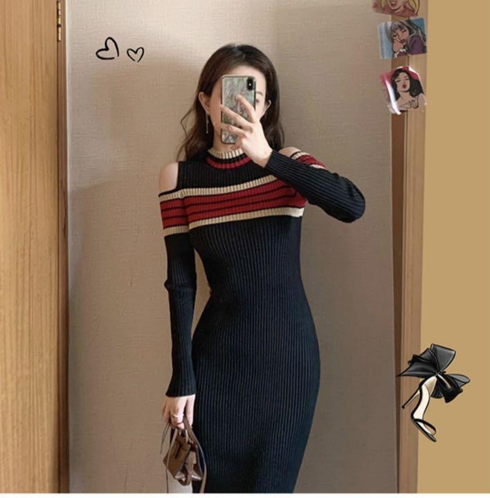 新品 ロングニットワンピース タイト 韓国 セクシー スリット 大人可愛い M メルカリ