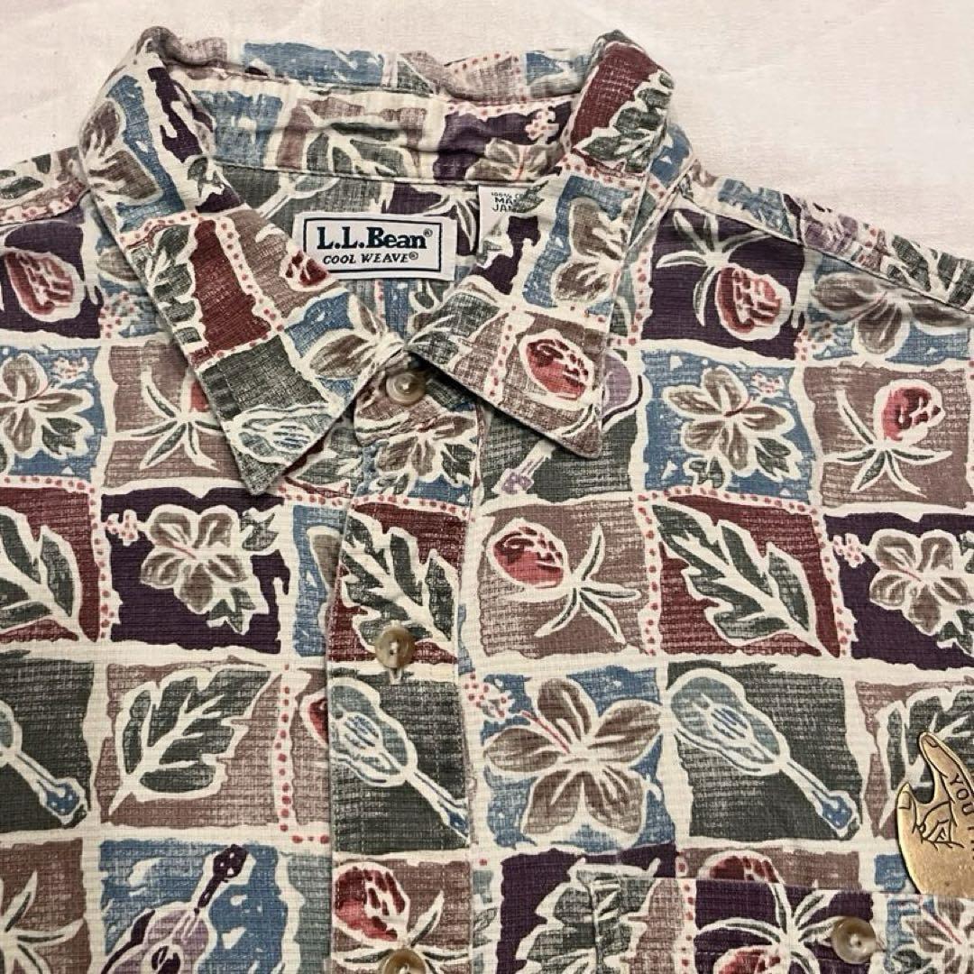 90s エルエルビーン 総柄シャツ 半袖 L コットン100% シアサッカー