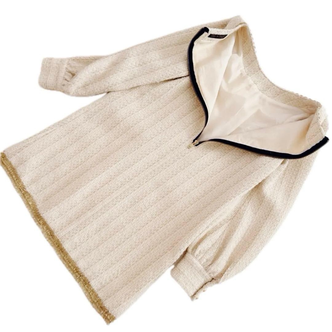 フリーズフレーズ 長袖ツイードワンピース ホワイト×ゴールド ウール フリーズフレーズ 長袖ツイードワンピース ホワイト×ゴールド ウール