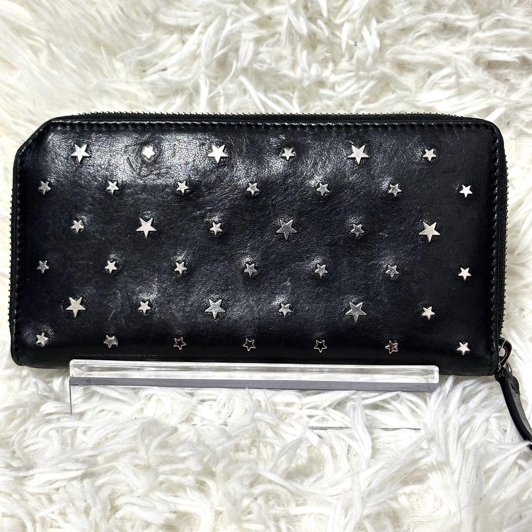 JIMMY CHOO 長財布 ラウンドジップ スタッズ レザー 黒 シルバー