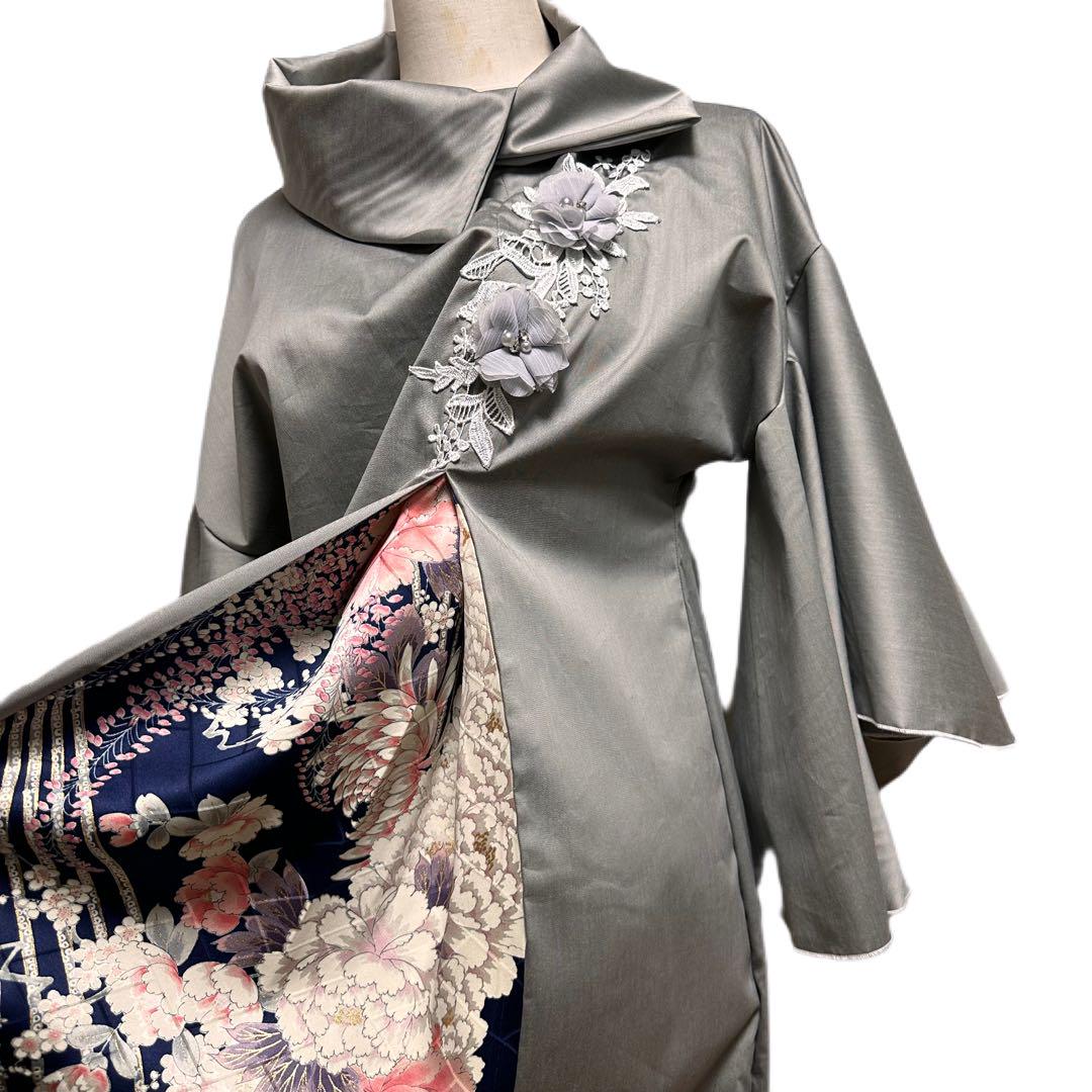 振袖　着物リメイク　ワンピースドレス　和柄　グレー×濃紺に絢爛花々　ハンドメイド