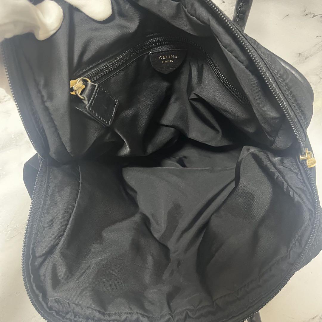 CELINE レザー×ナイロン ハンドバッグ 黒 ゴールド金具