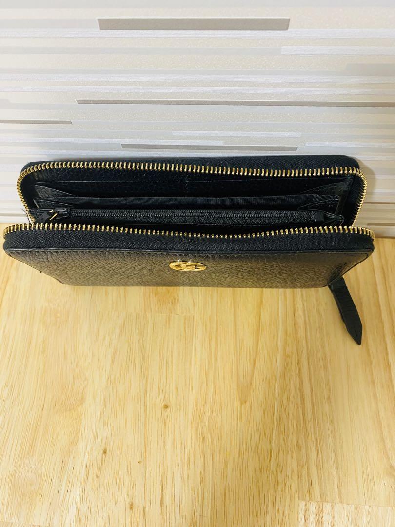 美品　グッチ　長財布　GGマーモント　ラウンドファスナー シボ革 レザー　黒