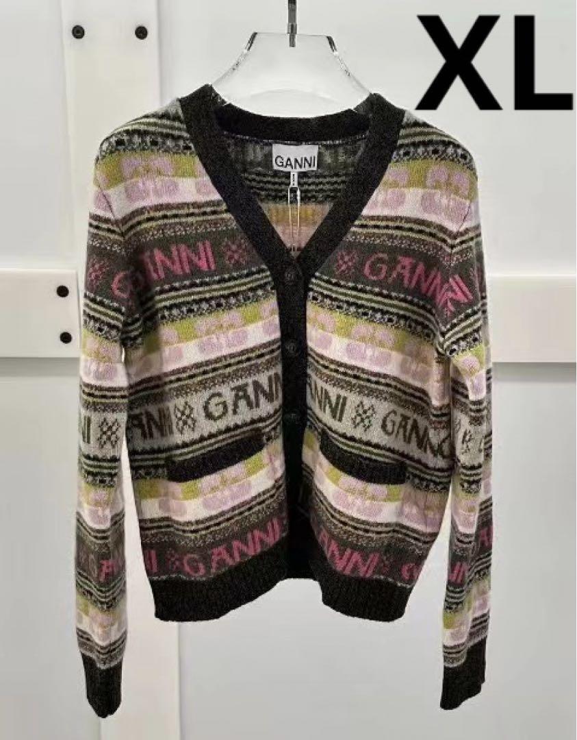 Ganni ニットカーディガン 長袖 パッチワークカラー XL