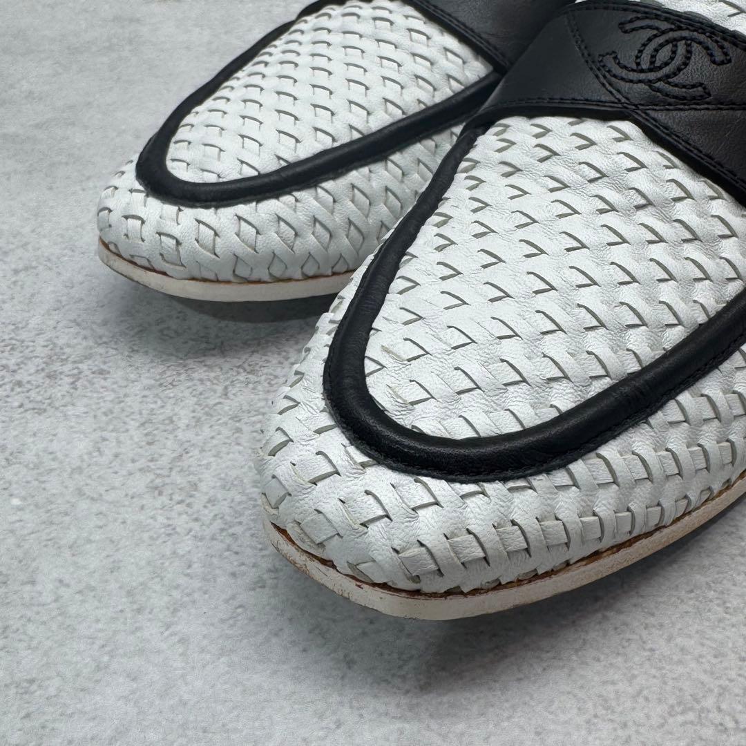 【美品】シャネル ココマーク メッシュ ローファー ホワイト×ブラック 24㎝