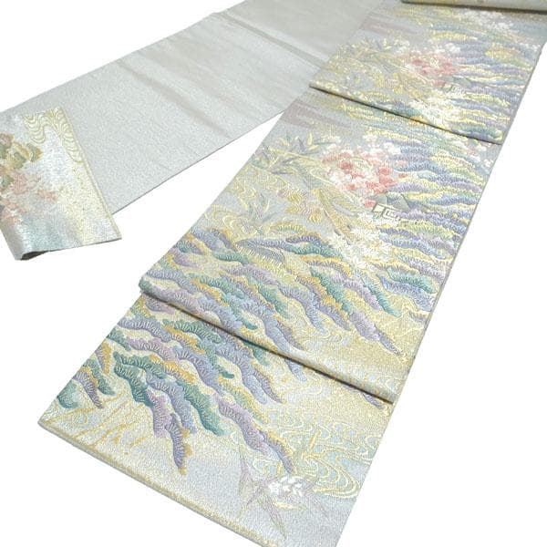袋帯 京都 西陣 唐織 金銀糸 グレー 松竹梅 霞 流水 船 中古 kp1667 袋帯 京都 西陣 唐織 金銀糸 グレー 松竹梅 霞 流水 船 中古 kp1667