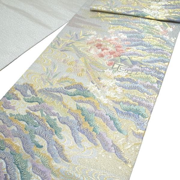 袋帯 京都 西陣 唐織 金銀糸 グレー 松竹梅 霞 流水 船 中古 kp1667 袋帯 京都 西陣 唐織 金銀糸 グレー 松竹梅 霞 流水 船 中古 kp1667