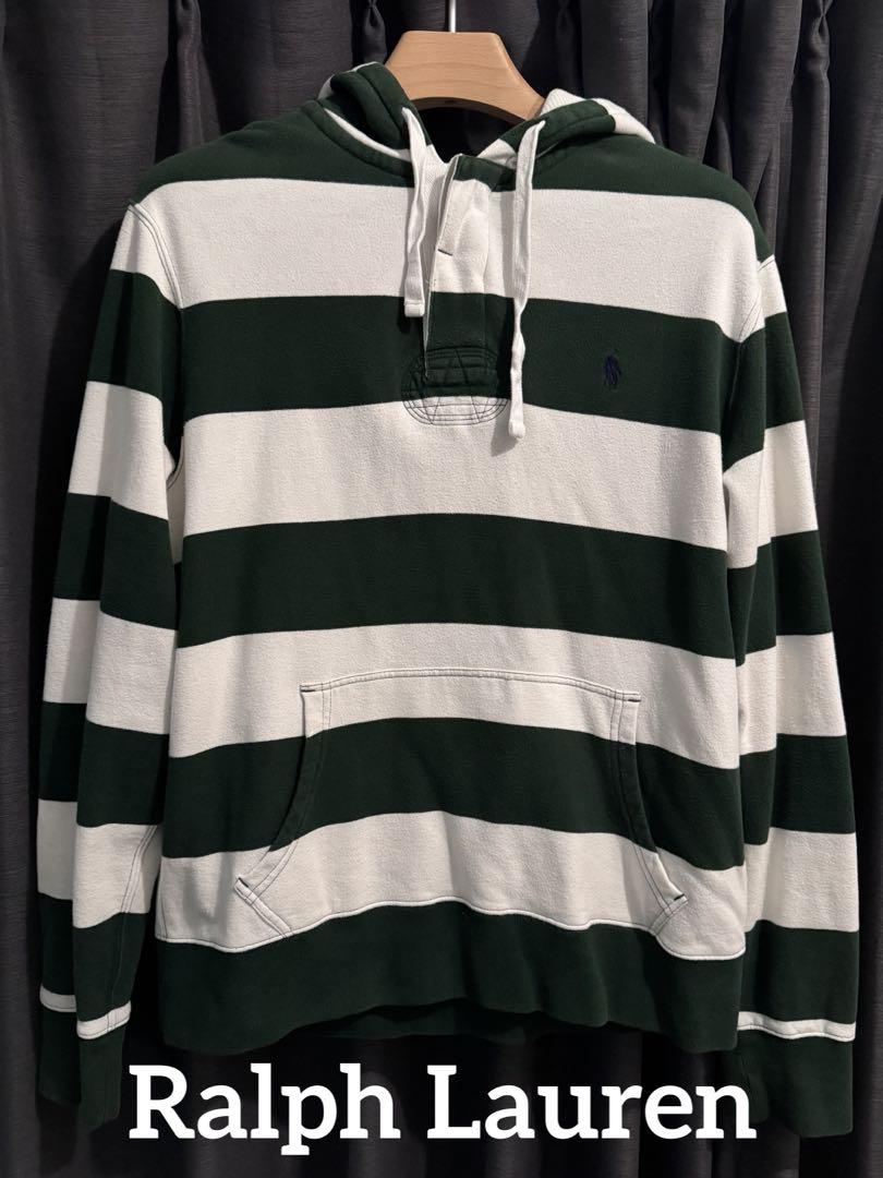 【美品】 Ralph Lauren ボーダーラガーパーカー(グリーン×ホワイト)