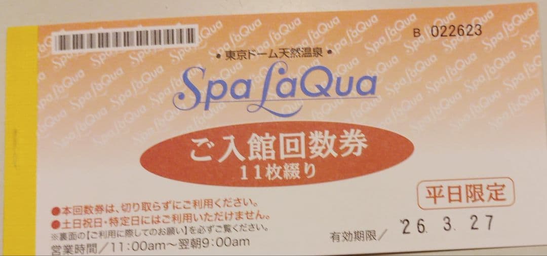 スパ ラクーア 回数券 5枚 平日目立った傷や汚れなし