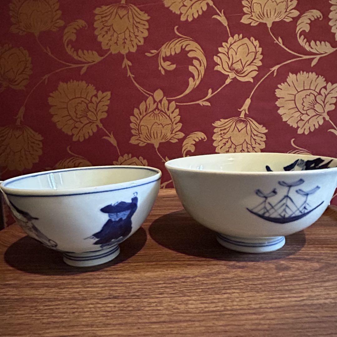 しん釜 青花 異人さん 飯碗 大小セット