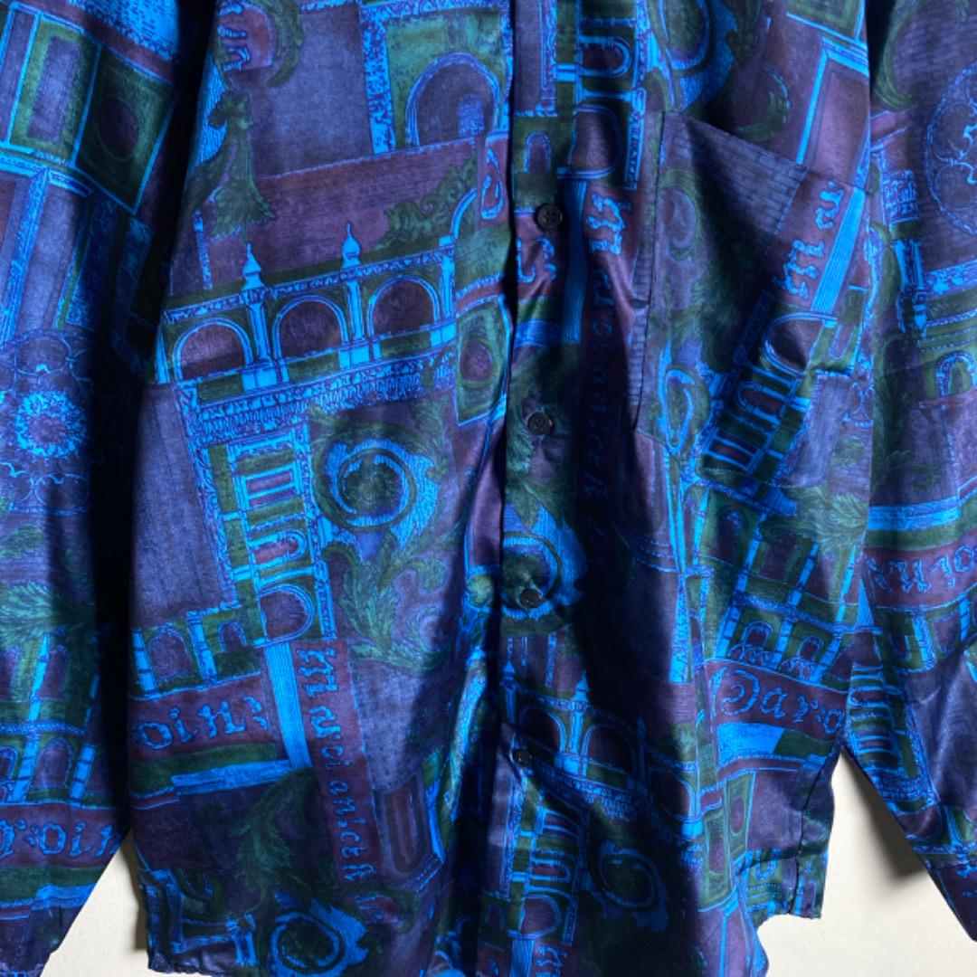 【3着￥12,000】柄シャツ　タイシルク　デザインシャツ　総柄　ブルー　古着