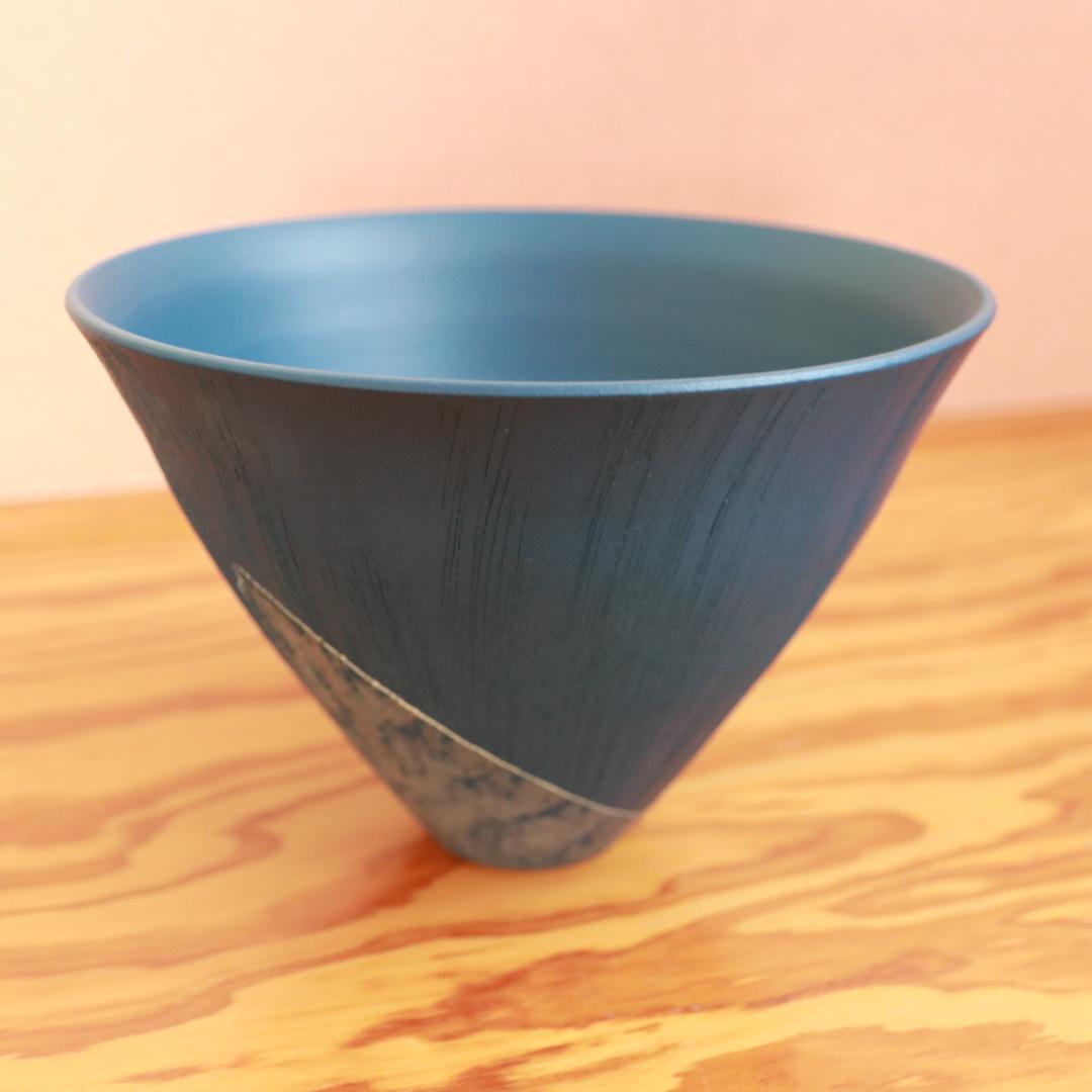 高級陶器花器焼き物お花茶華道池坊生け花水盤花瓶フラワーアレンジメント金彩青底上げ