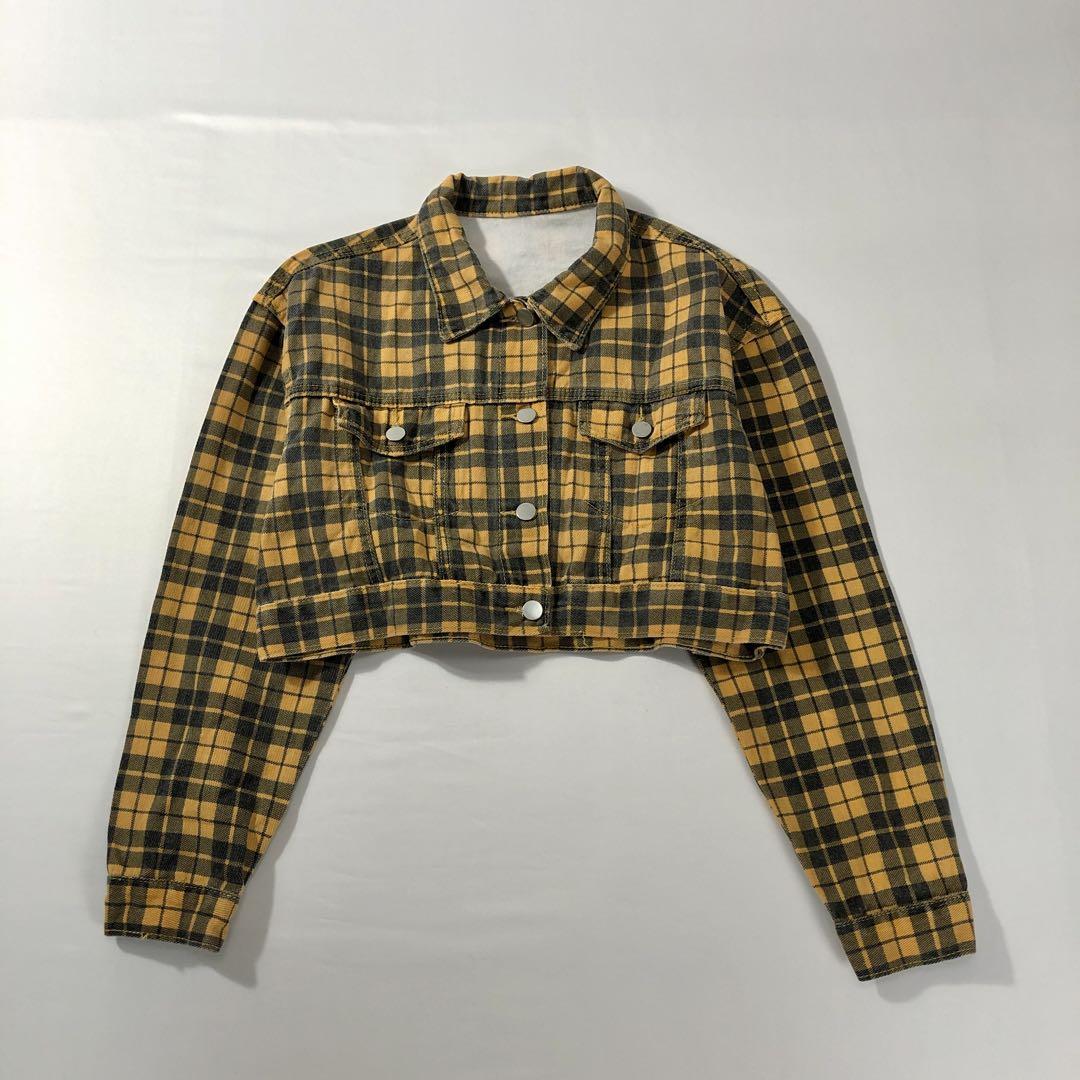 昭和レトロチェック柄デニムジャケットクロップド丈ストリートイエロー古着
