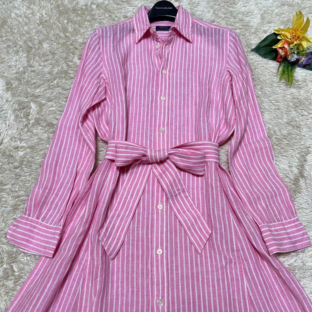 ラルフローレン　リネンストライプシャツワンピース 美品】ポロラルフローレン リネンシャツワンピース ストライプ