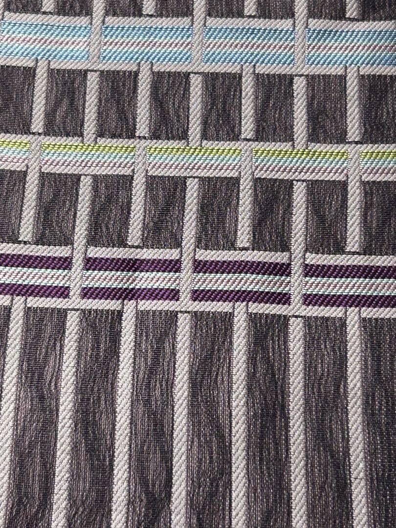 HN-1 半幅帯　青褐色　石畳文様　格子柄　金糸　リバーシブル　美品