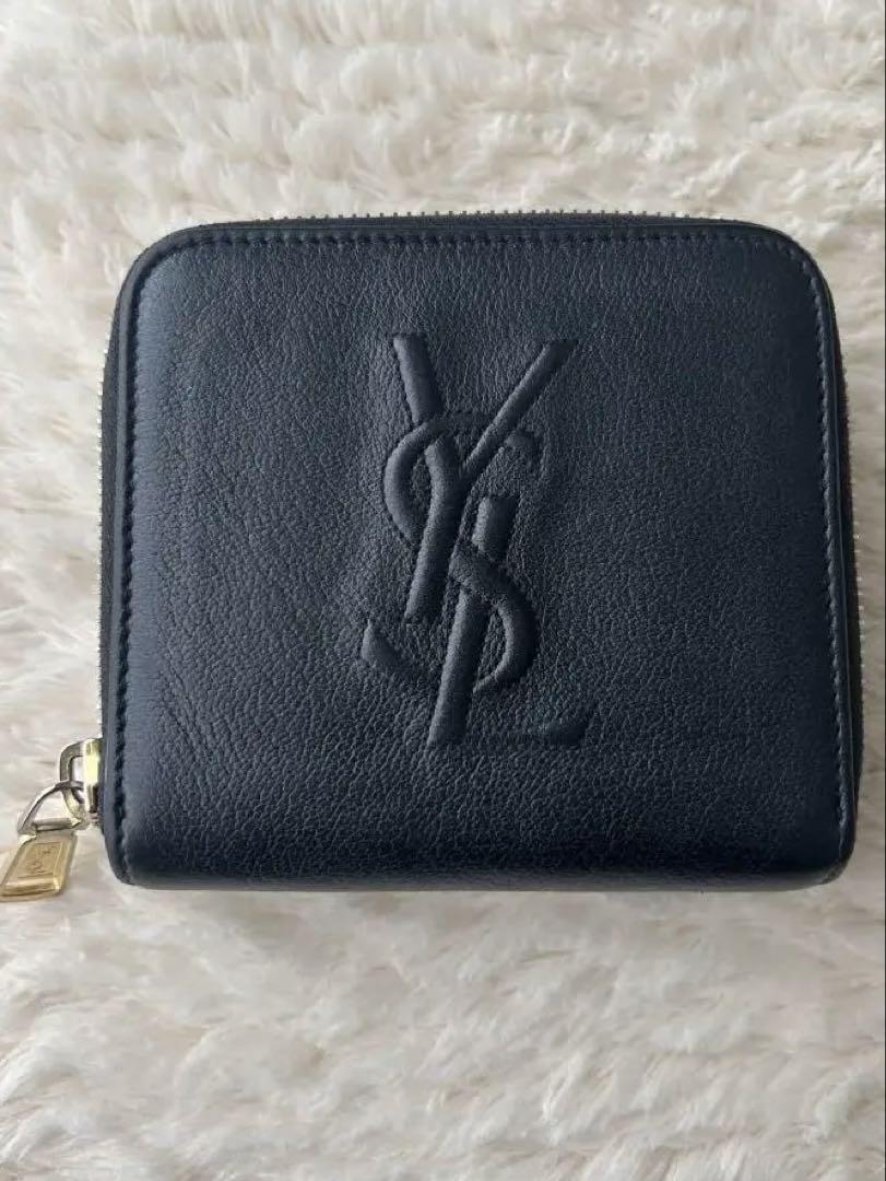 YSLイヴサンローラン カサンドラ刺繍ウォレットブラックレザー二つ折り財布