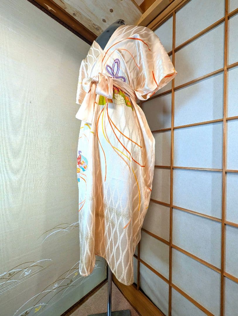 振袖リメイクワンピースウエストリボンベルト付き着丈115センチ身幅73センチ正絹