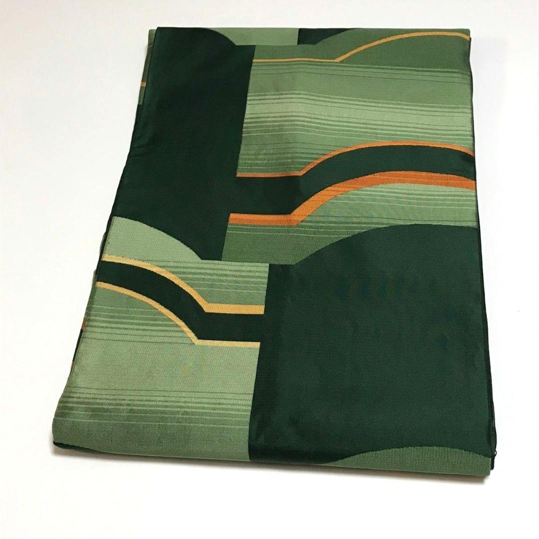 ［9265］名古屋帯 美品 幾何学模様 緑系 九寸 正絹 着物