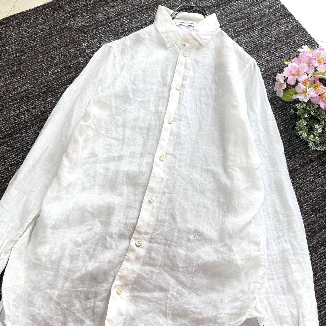 美品✨マディソンブルー リネン　ロングシャツ　刺繍あり　麻　ゆったり3サイズ
