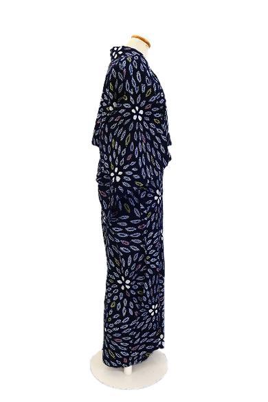 浴衣 有松絞り バチ衿 紺 花文 身丈148cm お洒落 夏 伝統 仕立て上がり
