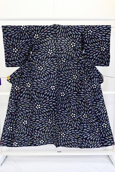 浴衣 有松絞り バチ衿 紺 花文 身丈148cm お洒落 夏 伝統 仕立て上がり