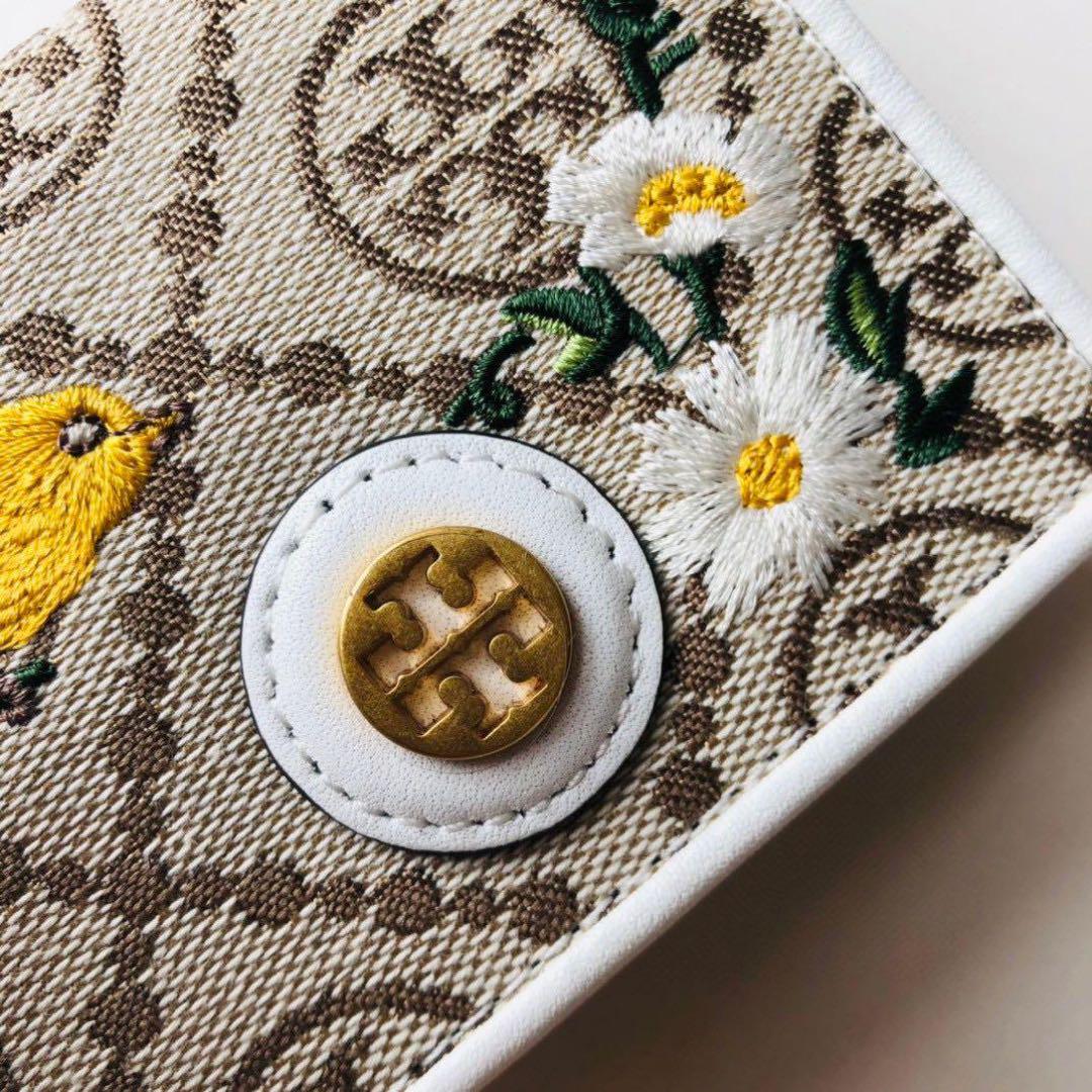 トリーバーチ Tモノグラム鳥刺繍 コイン カード 三つ折り財布
