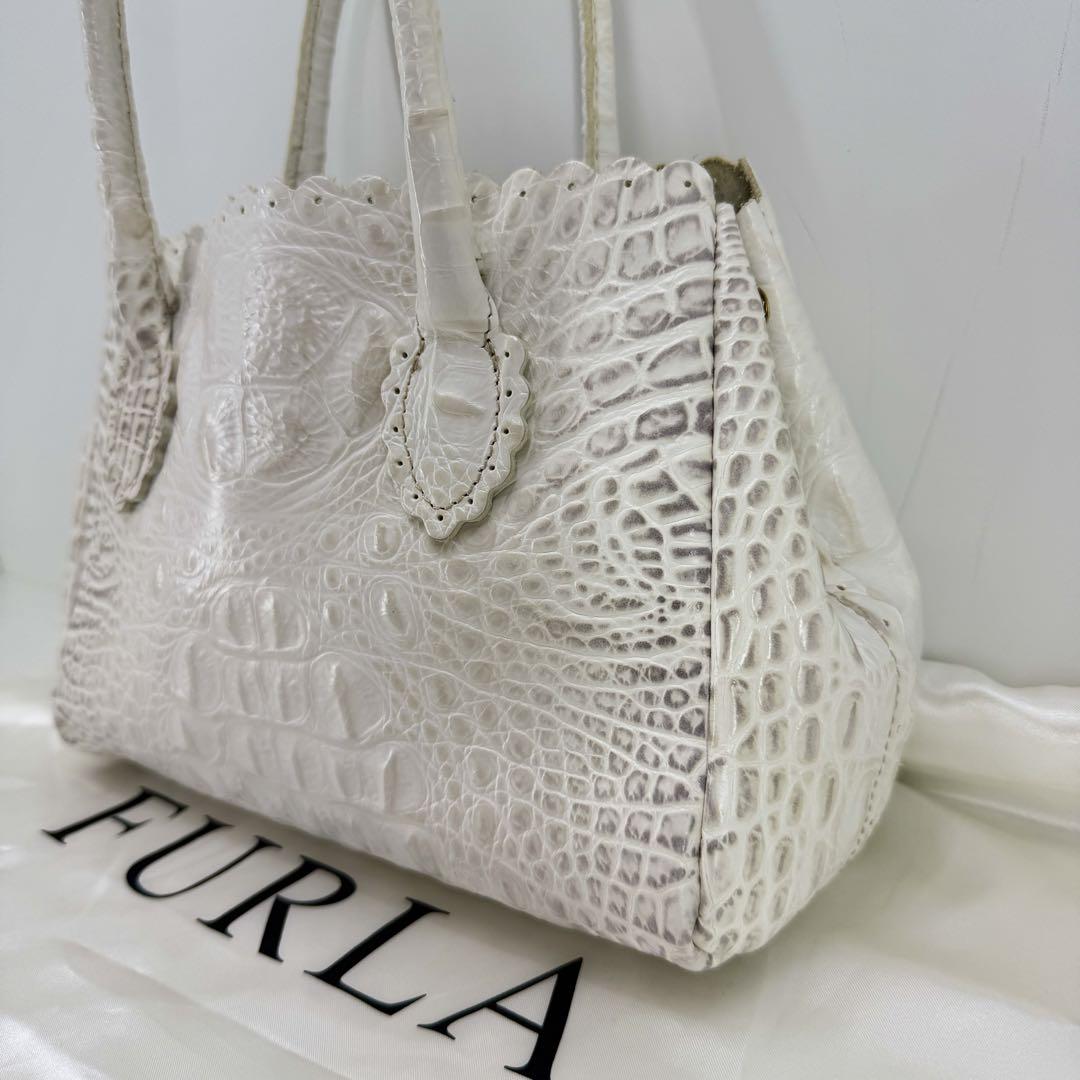 フルラ FURLA クロコ押し ホワイト ハンドバッグ 466 - メルカリ