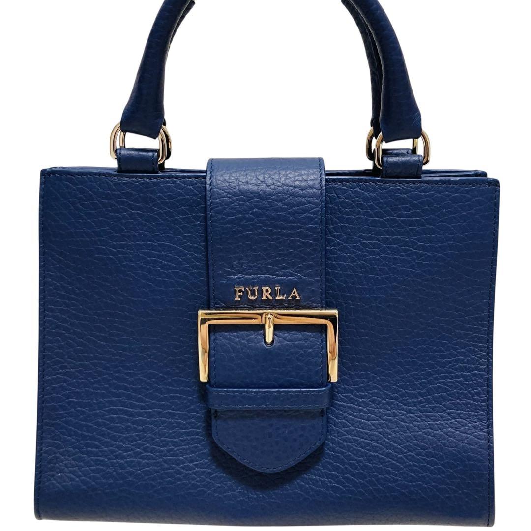 ✨極美品✨フルラ ハンドバッグ ベルヴェデーレ Fロゴ オールレザー ネイビー 極美品✨フルラ レザー ハンドバッグ フロー ベルト シボ