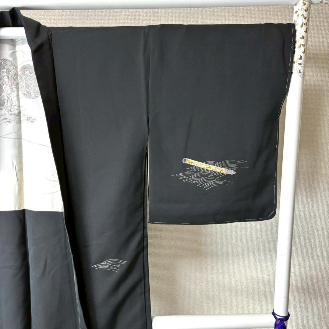 ☆未使用級 豪華な刺繍 銀駒 黒羽織 しつけ糸 裄70 トールサイズIS1024