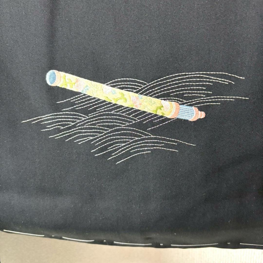 ☆未使用級 豪華な刺繍 銀駒 黒羽織 しつけ糸 裄70 トールサイズIS1024