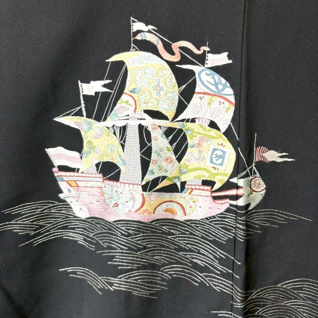 ☆未使用級 豪華な刺繍 銀駒 黒羽織 しつけ糸 裄70 トールサイズIS1024