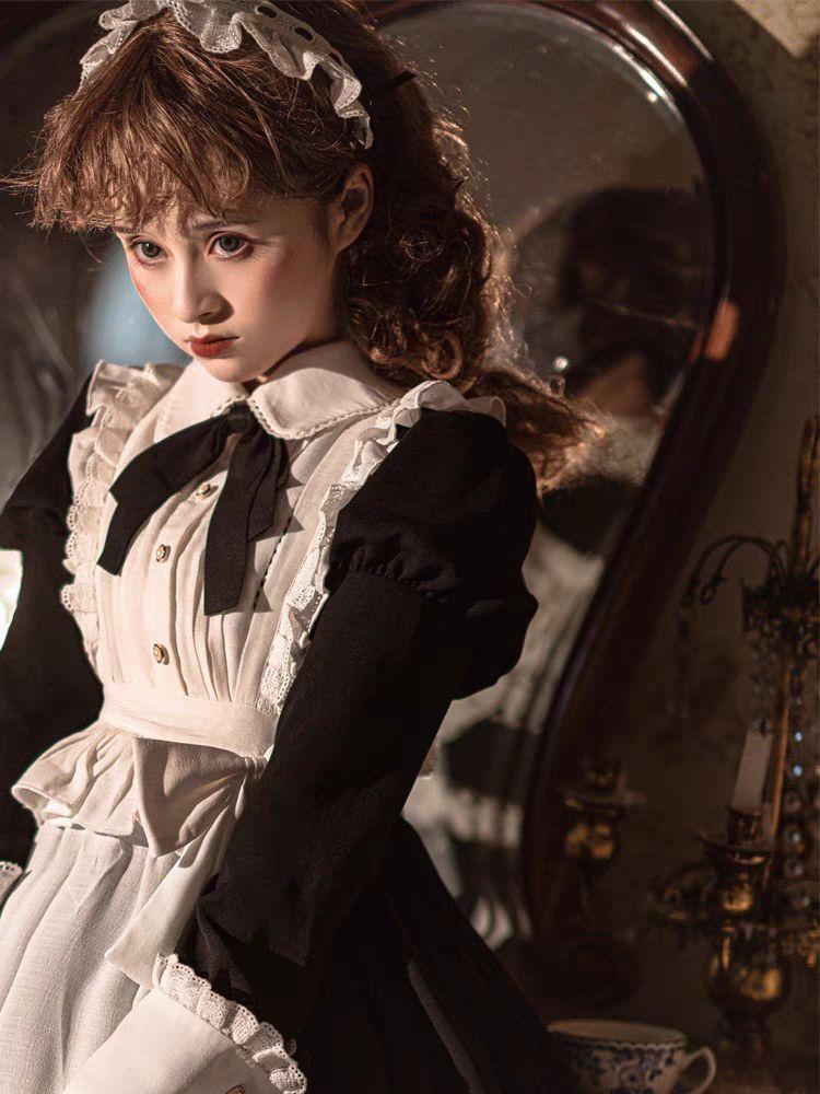 3点セット】ロリータワンピース+エプロン+ヘアバンド クラシカル ゴスロリ - コスチューム・コスプレ