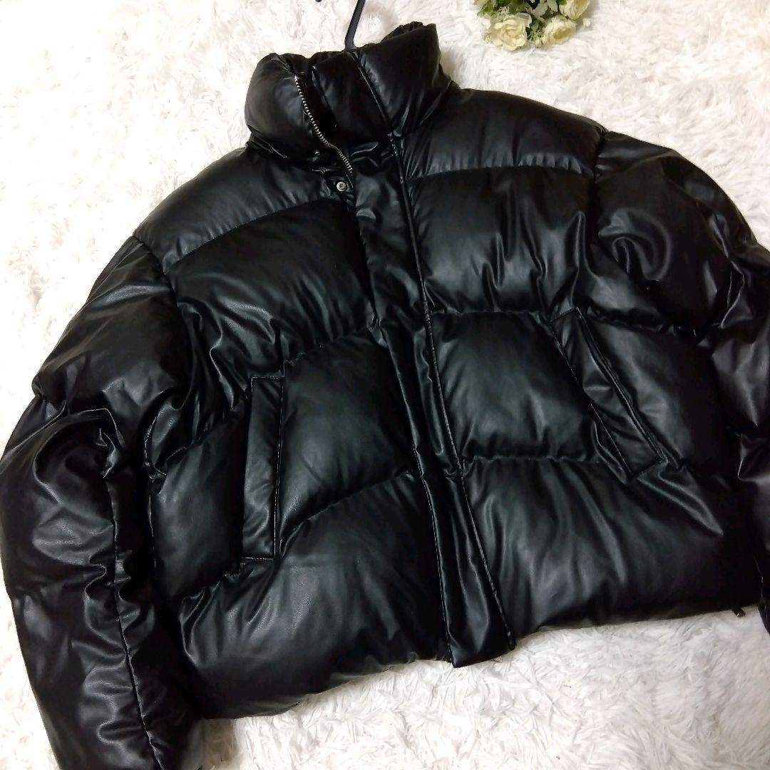 ZARA ブラック フェイクレザー ダウンジャケット M 美品 ZARA フェイクレザー ダウンジャケット M ブラック 黒