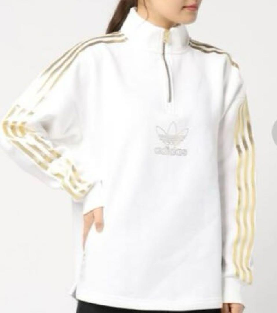 adidas ゴールドライン　ハーフジップ　ロゴ　トップス　M 白　スウェット