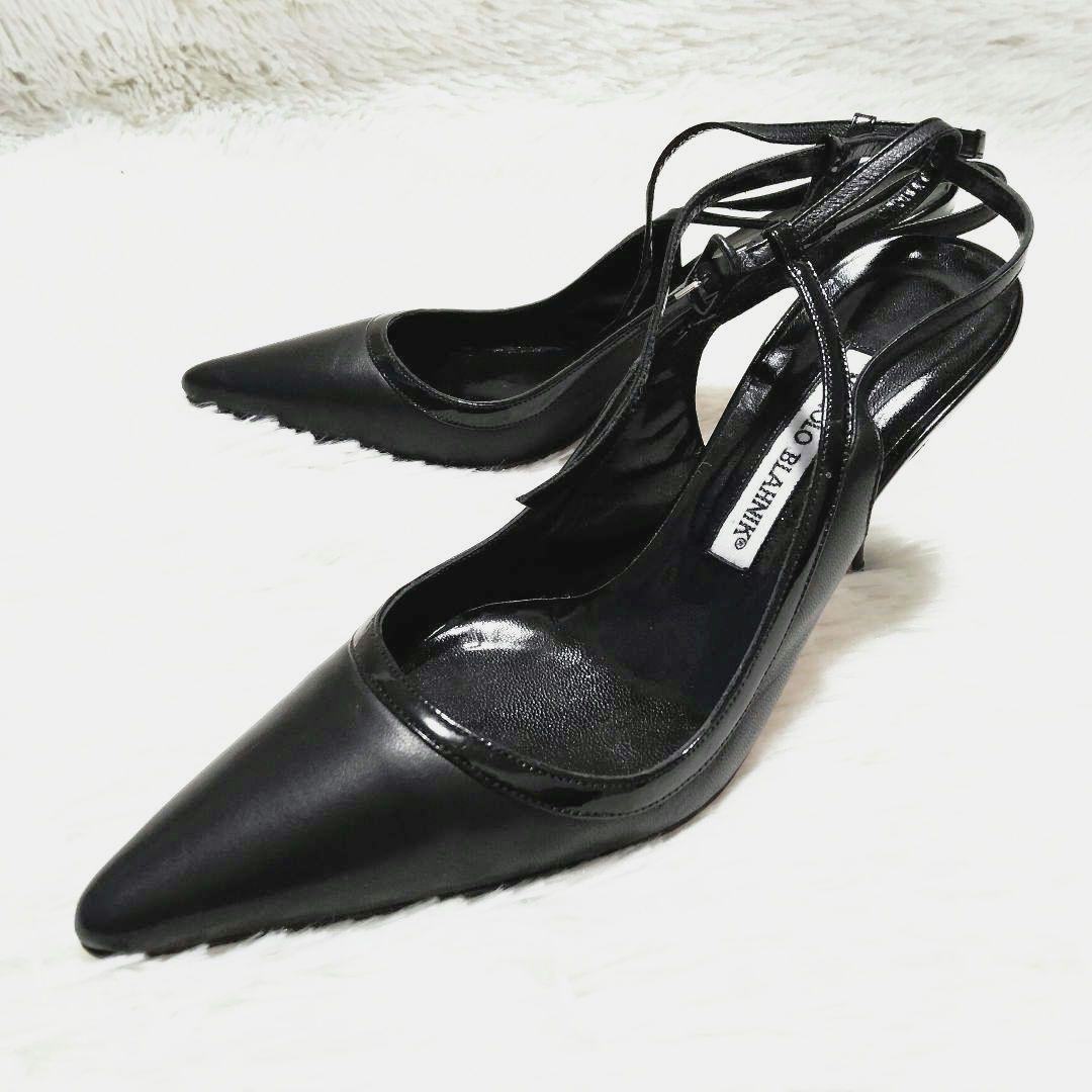 美品　マノロブラニク　ポインテッドトゥ　クロストラップ　レザー　ブラック　37