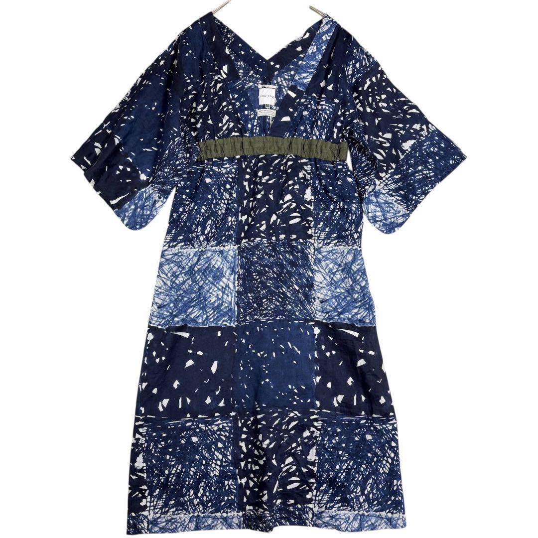 極美品★SOUSOU 浴衣みたてワンピース　可憐　ブルー　リネン100% M 極美品☆SOUSOU 浴衣みたてワンピース 可憐 ブルー リネン100% M