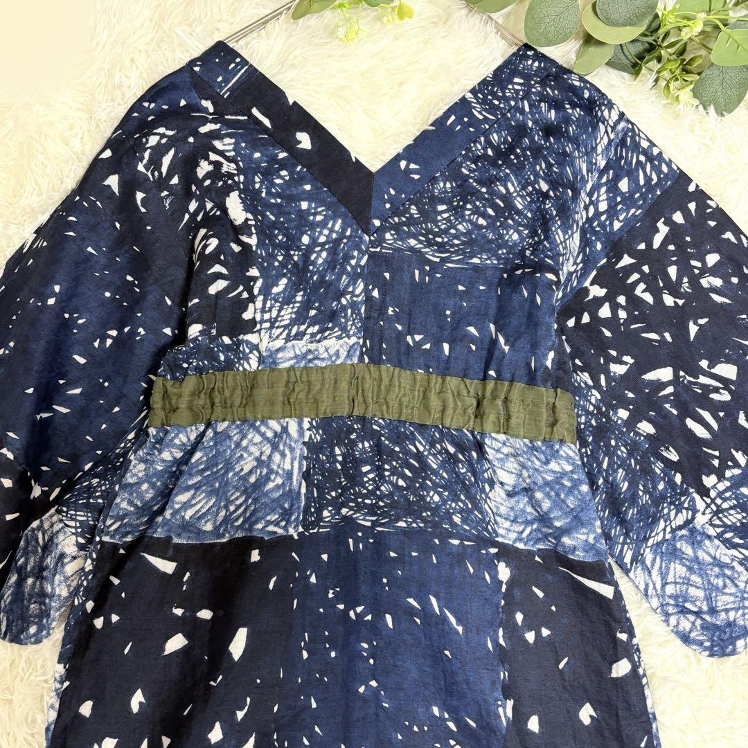 グランドセール 漫画 極美品☆SOUSOU 浴衣みたてワンピース 可憐 ブルー リネン100% M ワンピース