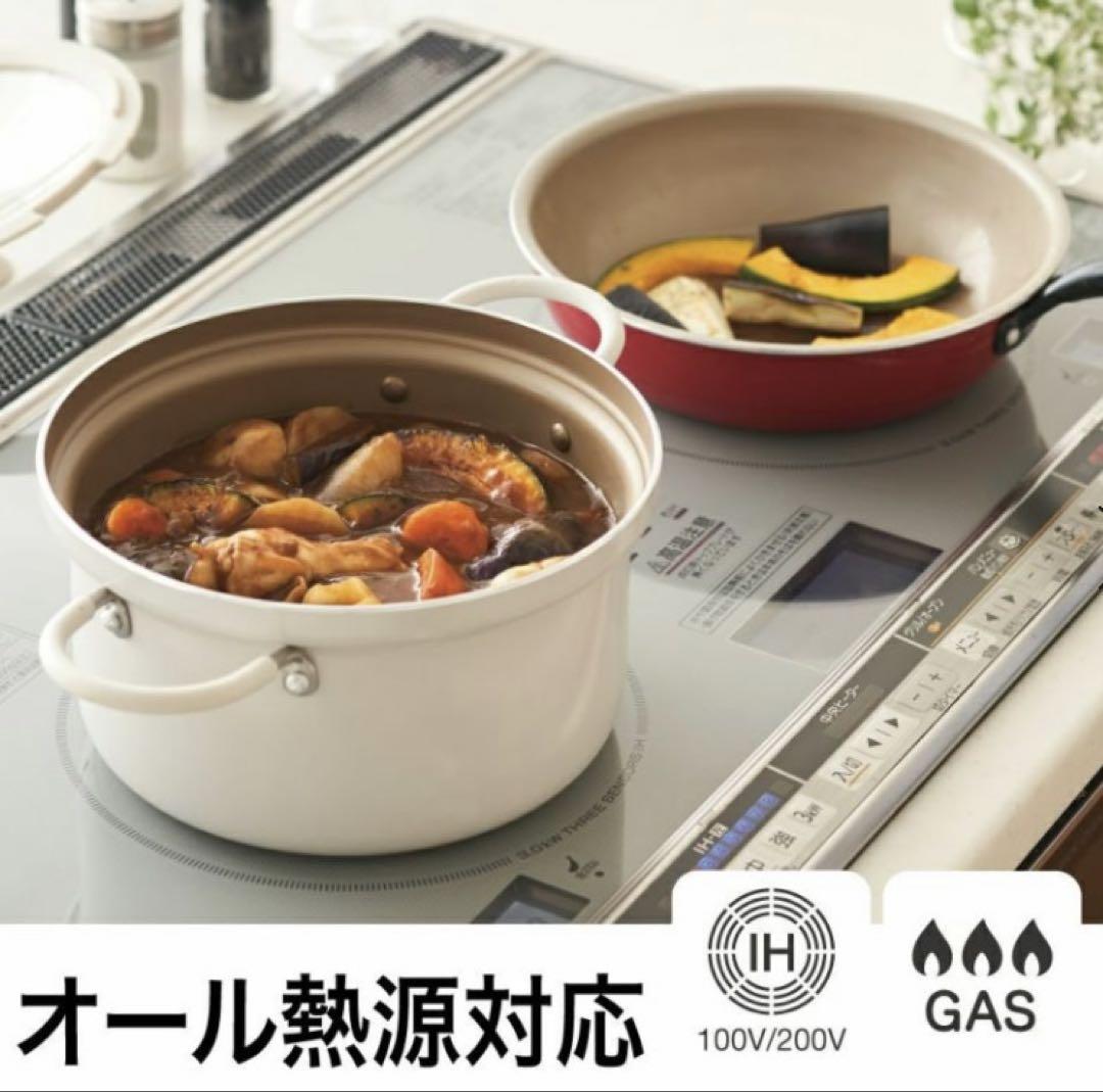 evercookエバークック両手鍋20cm IH対応カレー・シチュー鍋アイボリー