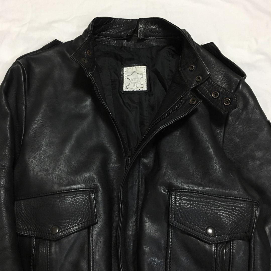 【個性派古着】90s レザージャケット　本革　黒ブルゾン　ヘビーウエイト　肉厚