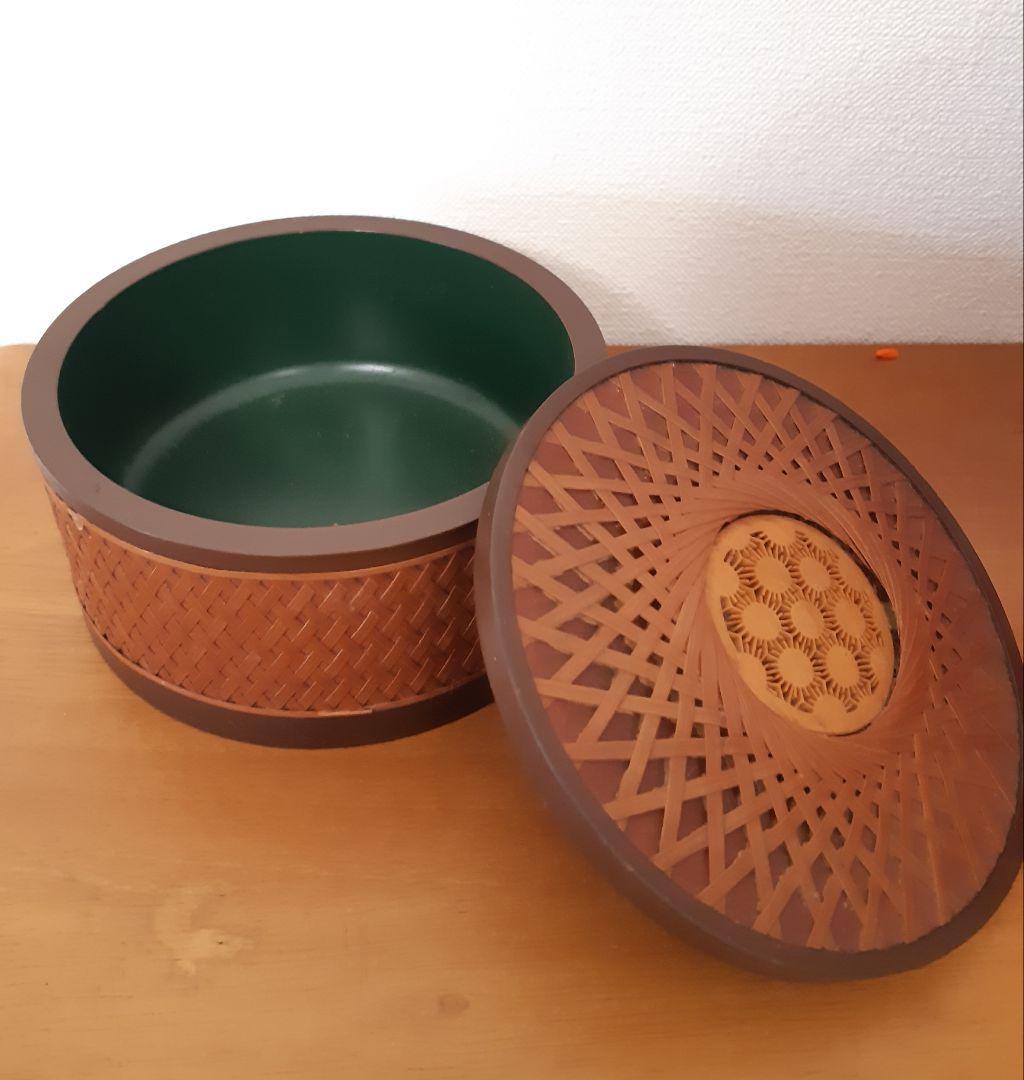 竹製 竹細工 工芸品 蓋付き 小物入れ 円形 格子模様