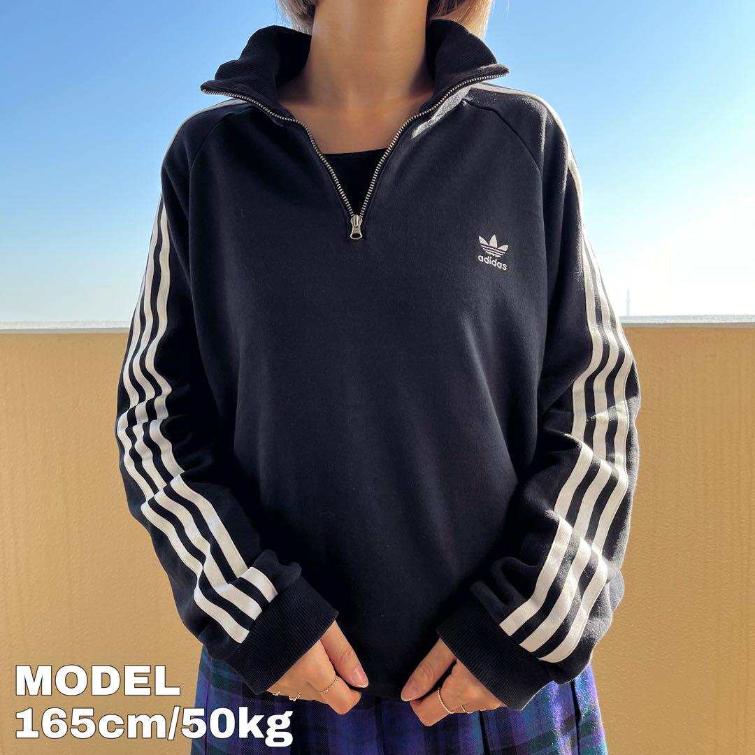 adidas アディダス ハーフジップスウェット トレフォイル刺繍 XL 黒 白