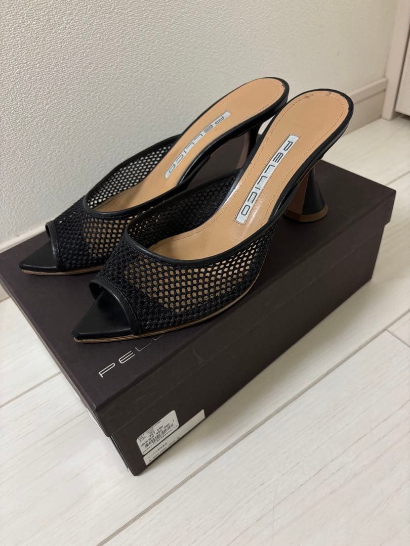 PELLICO ブラック メッシュミュール 約7.5cmヒール23.5cm PELLICO