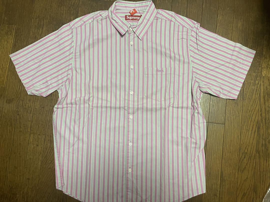 本物SUPREMEストライプルーズフィット半袖シャツLシュプリームBOXロゴ